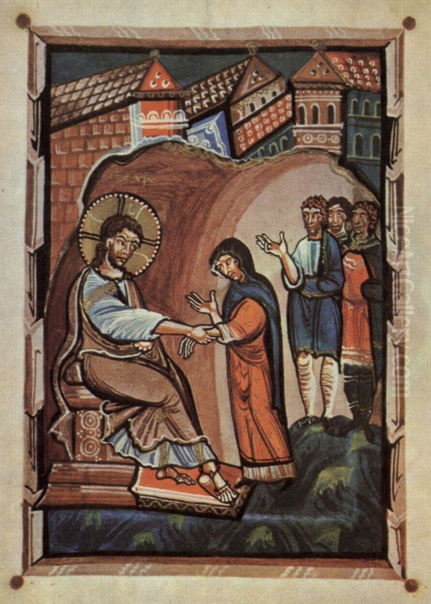 Jesus et la belle-mere de saint Pierre, Codex de Hitda Oil Painting by unknown