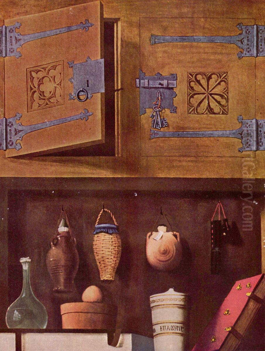 Stilleben mit Schrank fur Flaschen und Bucher Oil Painting by unknown