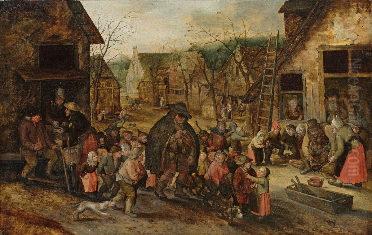 Village street with blind hurdy-gurdy player Oil Painting by David Vinckboons I
