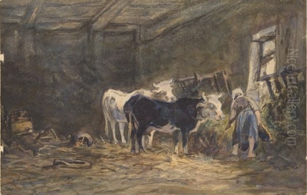 In a barn. Oil Painting by Carl Friedrich Christian Buddeus