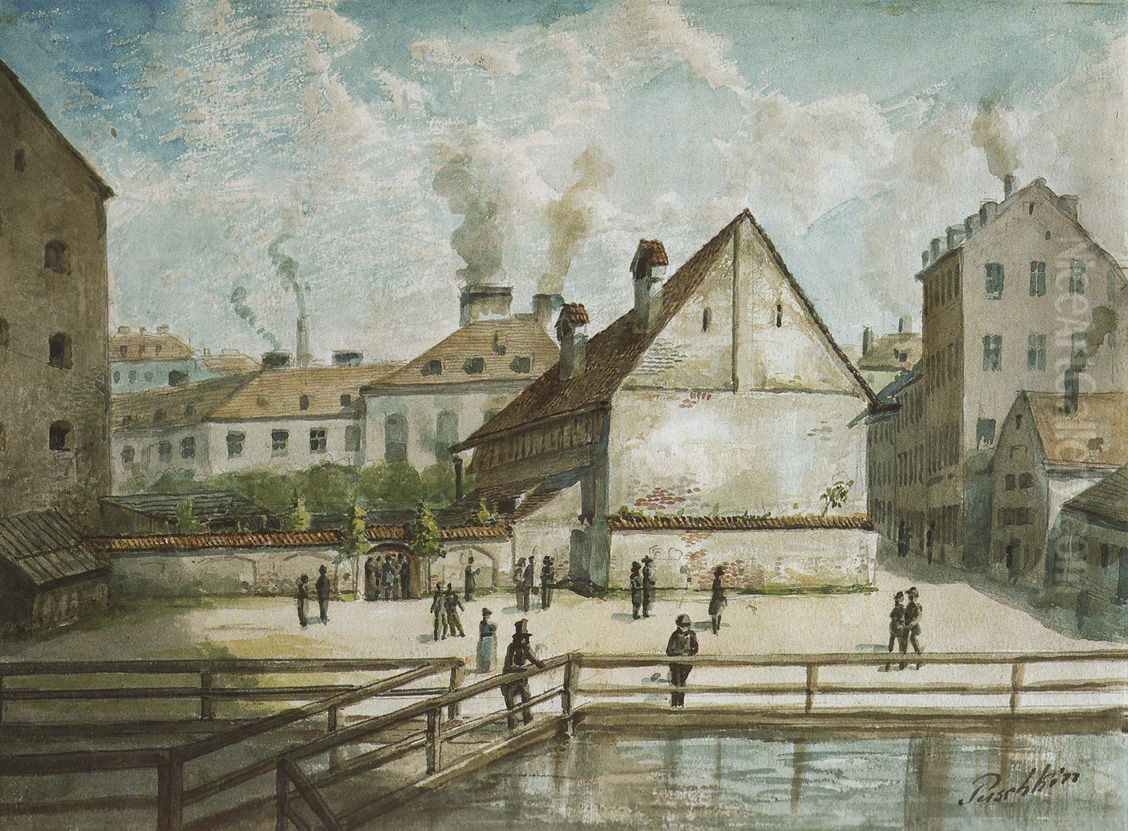 Der Pfisterbach in Munchen Oil Painting by Josef Puschkin