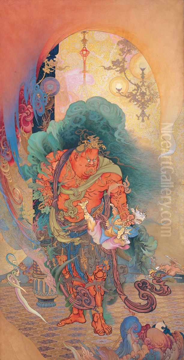 Nio(Buddhistguardian) Seizing an Evil Spirit Oil Painting by Kano Hogai