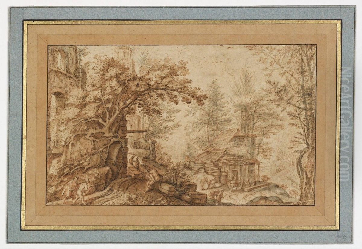 Forest Landscape with Travellers and Buildings Oil Painting by Pieter Stevens