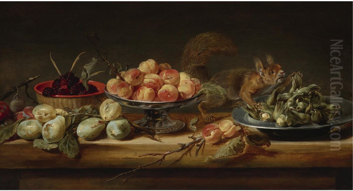 Still life with peaches in a Tazza, hazelnuts on a pewter plate, raspberries in a basket, with pears and a squirrel on a table
oil on panel Oil Painting by Frans Snyders