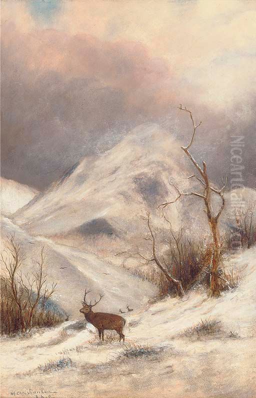 Deer in a winter landscape. Oil Painting by Niels H. Christiansen