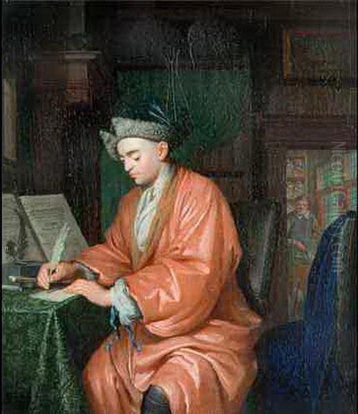 Medicine doctor in his studio with assistant preparing medicine Oil Painting by Krzysztof Lubieniecki