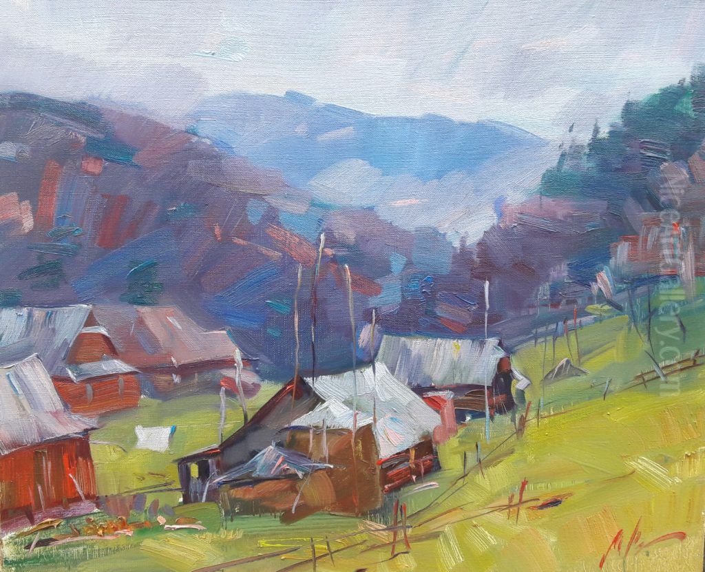 Carpathian Village Oil Painting by Myroslav Dusinkevych