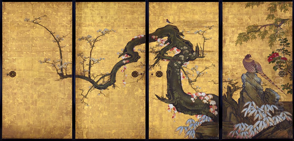 Frolicking Birds in Plum and Willow Trees Oil Painting by Kano Sansetsu