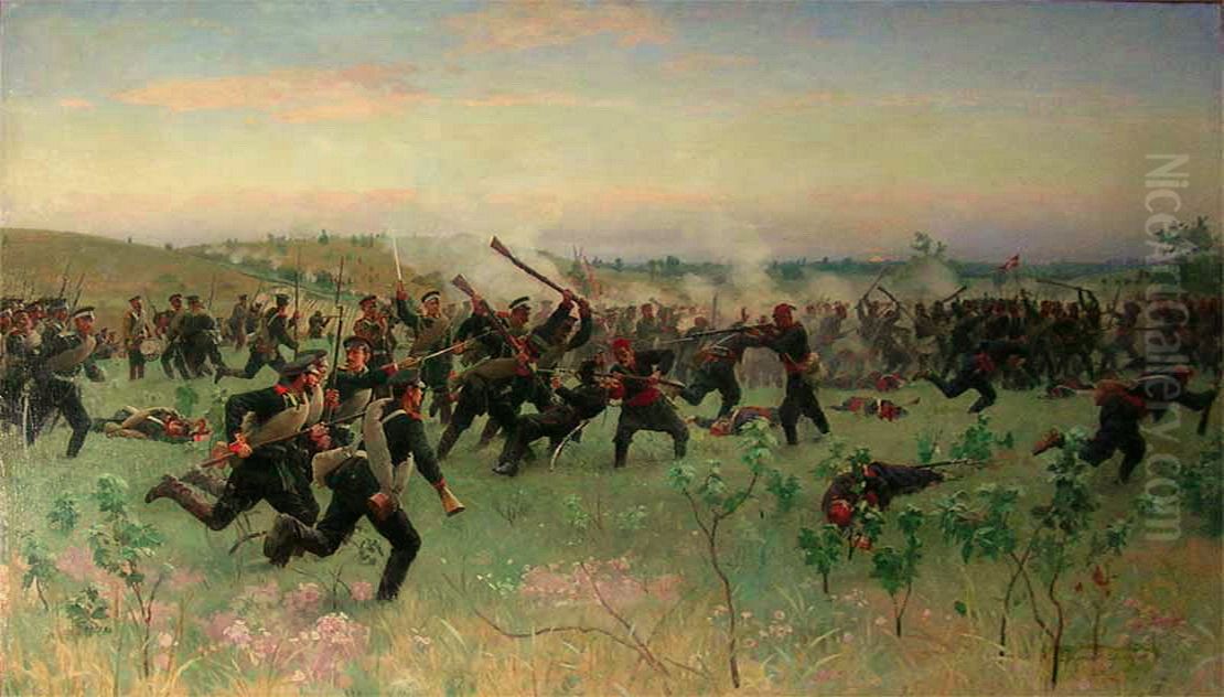 Bayonet fight of Russian regiments with Turkish infantry on Sistovsky heights on June 14, 1877 Oil Painting by Nikolai Dmitriev-Orenburgsky