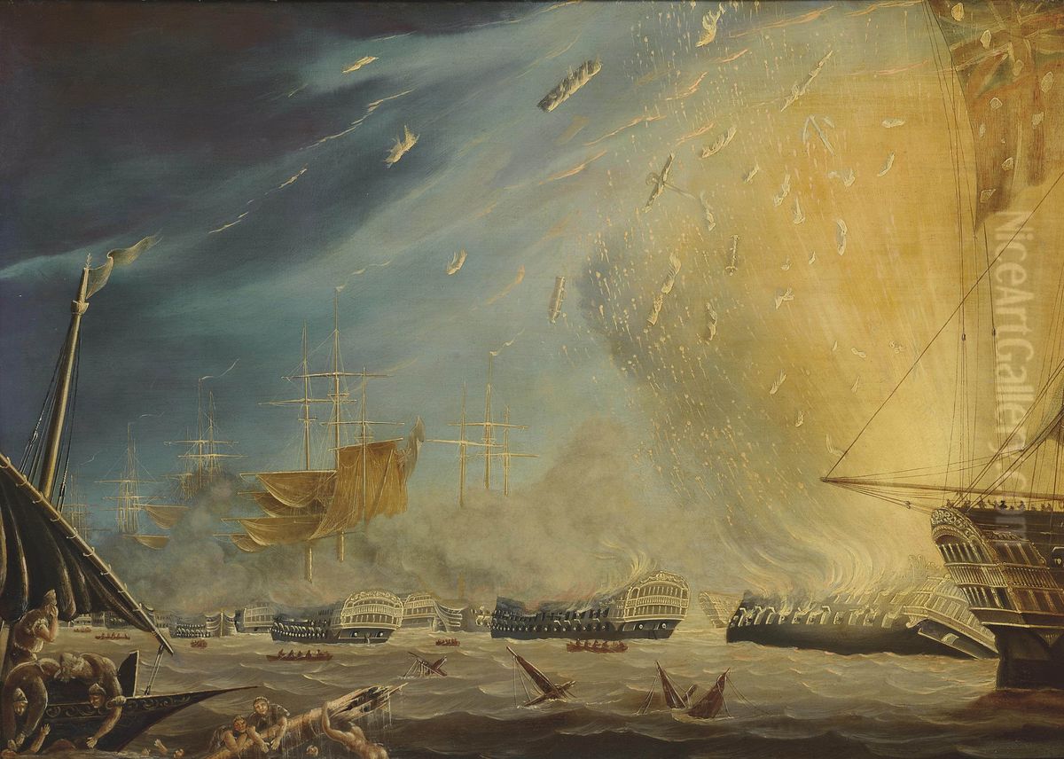 The destruction of the French flagship L'Orient Oil Painting by Robert Dodd