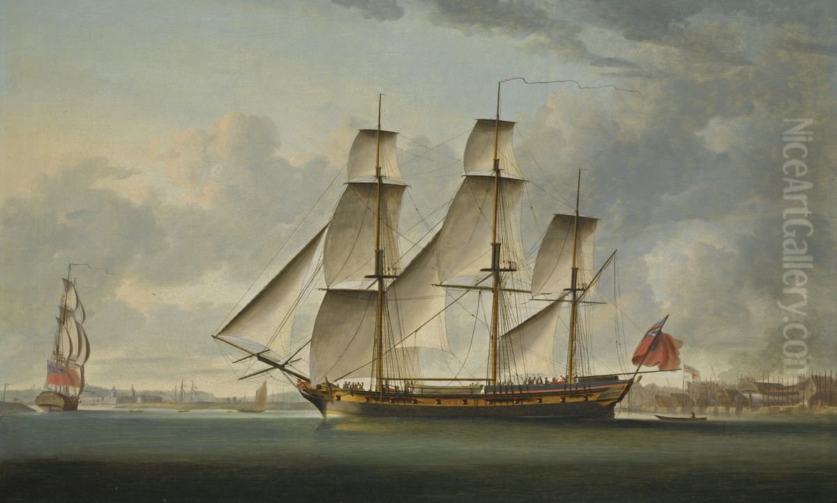 The East Indiaman Delaford, in two positions, passing Deptford, the Royal Hospital at Greenwich beyond Oil Painting by Robert Dodd