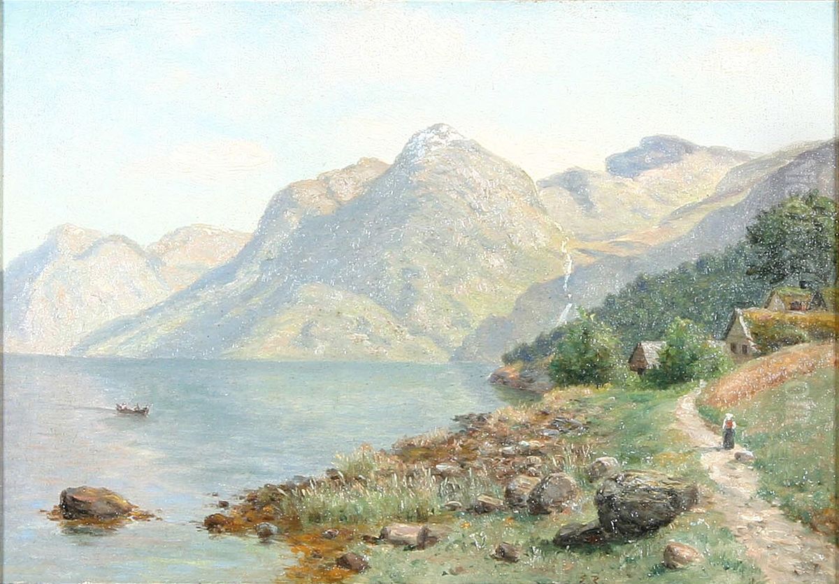 A mountain lake with a small boat. Oil Painting by Eiler Rasmussen Eilersen