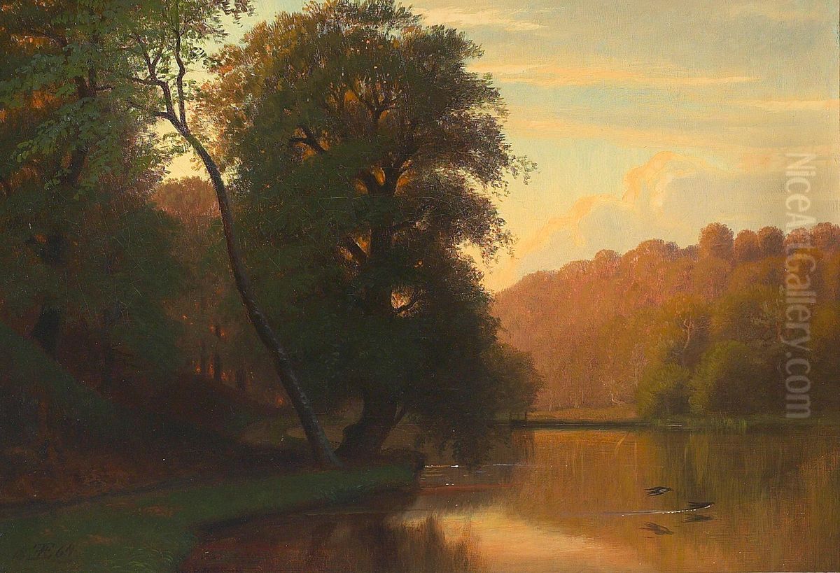 Forest lake with low-flying swallows. Oil Painting by Eiler Rasmussen Eilersen