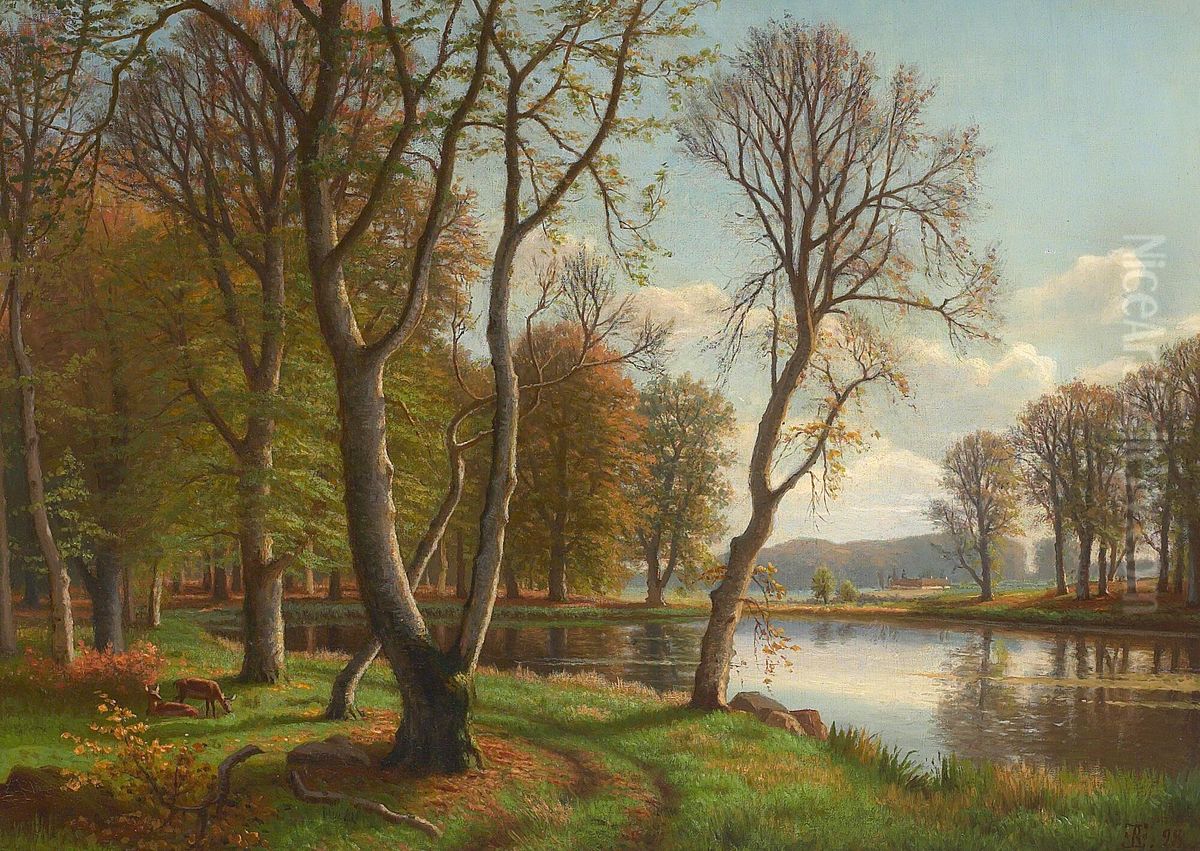 Roe deer at a pond in the woods. Oil Painting by Eiler Rasmussen Eilersen