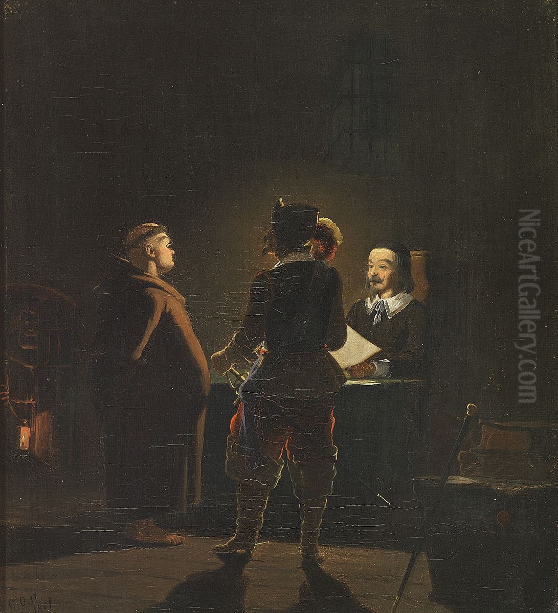A nocturnal interrogation. Oil Painting by Oscar Carlson