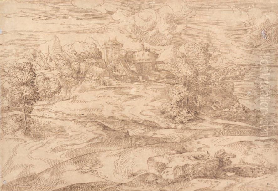 Paysage Ideal Plume Oil Painting by Domenico Campagnola