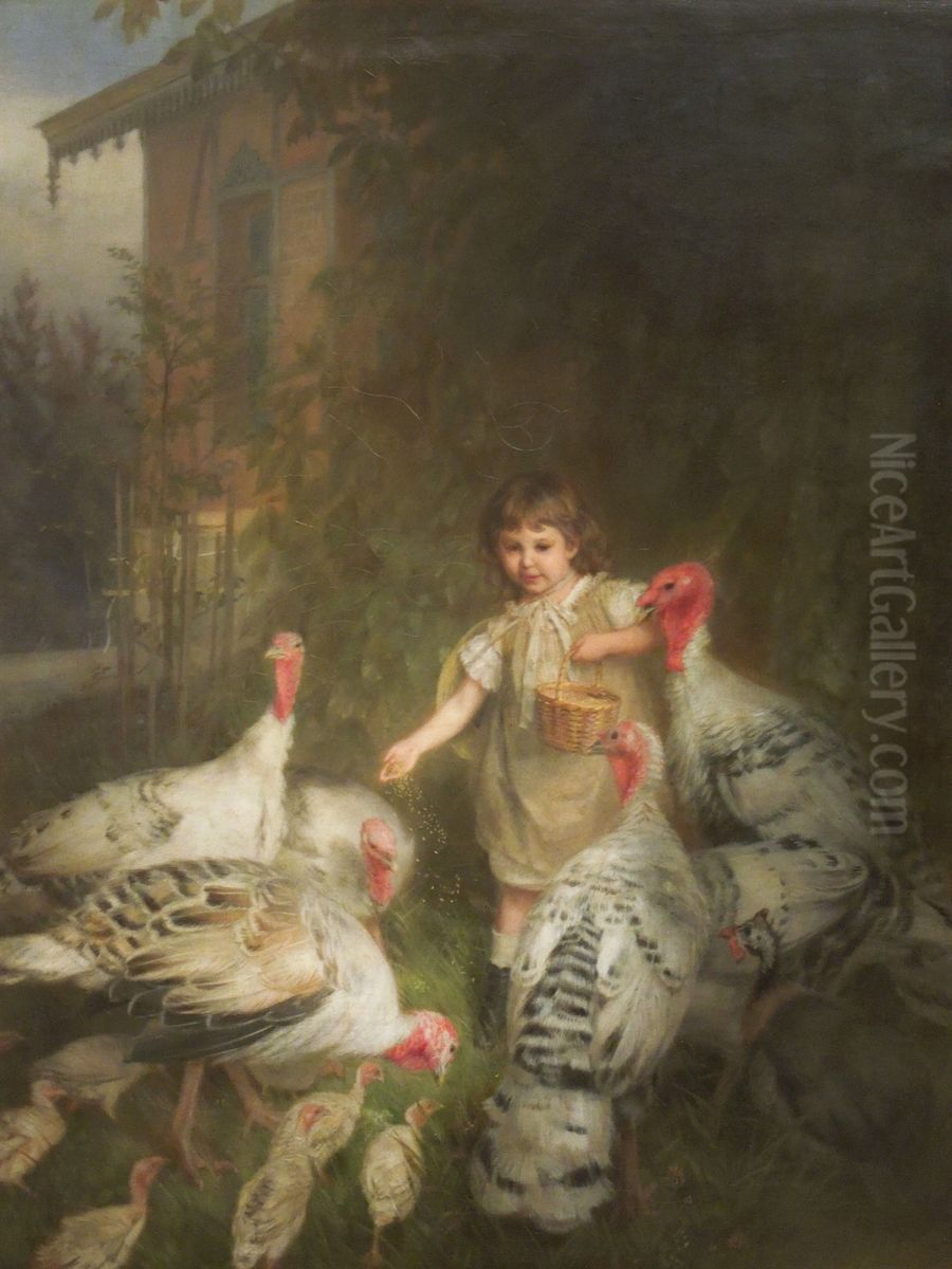 Girl with Turkey Hens Oil Painting by Quido Manes