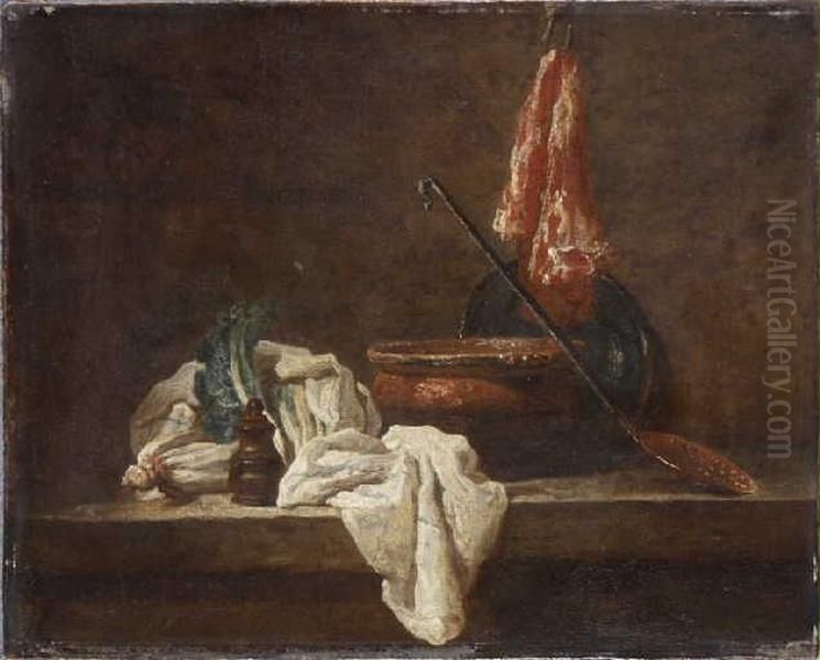 Nature morte avec deux pieds de celeri, boite a epices, torchon, terrine, plat, ecumoire et morceau de viande Oil Painting by Jean-Baptiste-Simeon Chardin