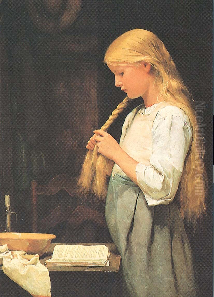 Girl Braiding Her Hair Oil Painting by Albert Anker