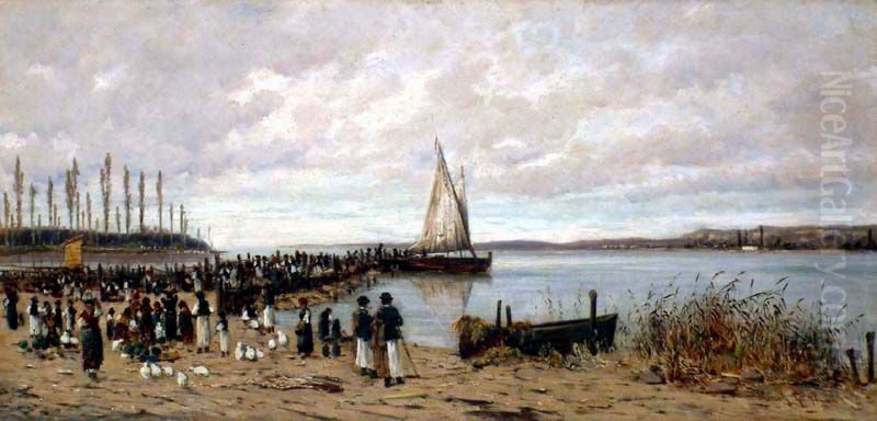 Crossing at Szantod Oil Painting by Geza Meszoly