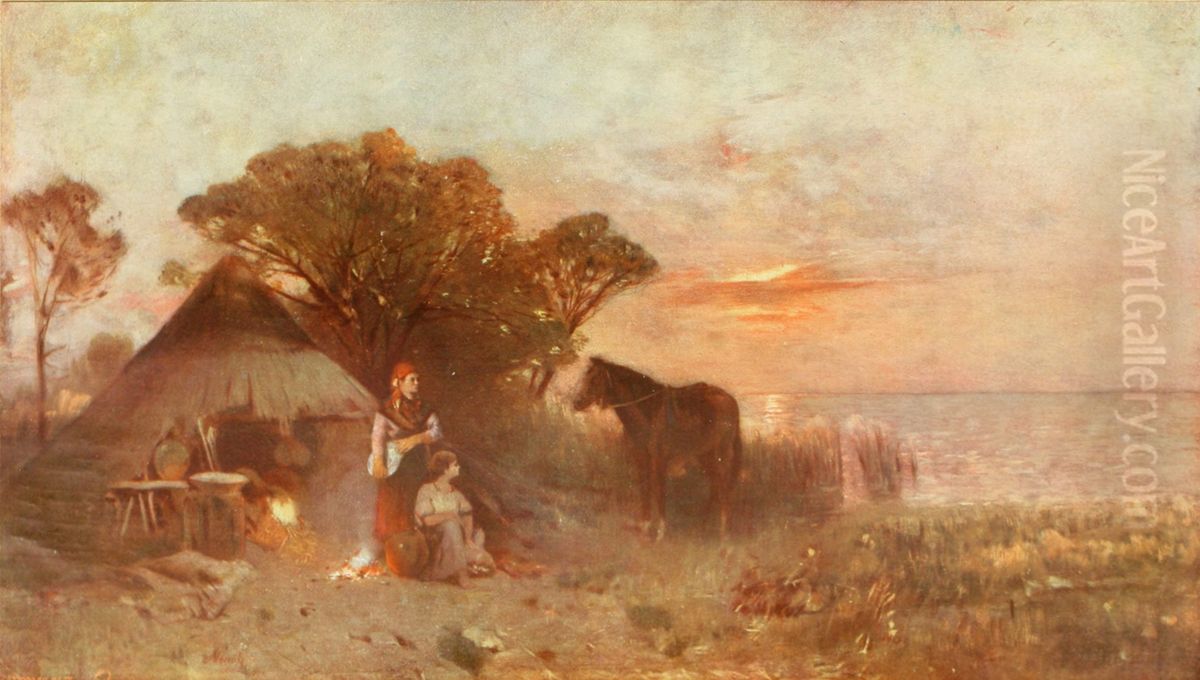 Fishermen's Hut at the Lake Balaton Oil Painting by Geza Meszoly