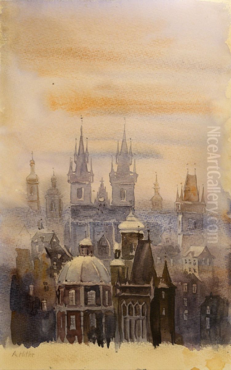Prague in the Fog Oil Painting by Adolf Hitler