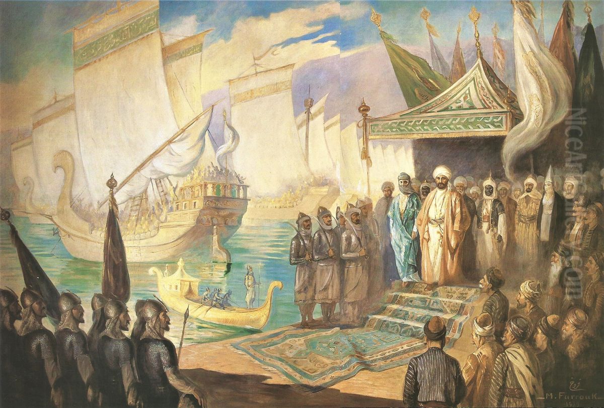 Moawiya Prenant le Commandement de la Premiere Flotte Arabe. Oil Painting by Moustafa Farroukh