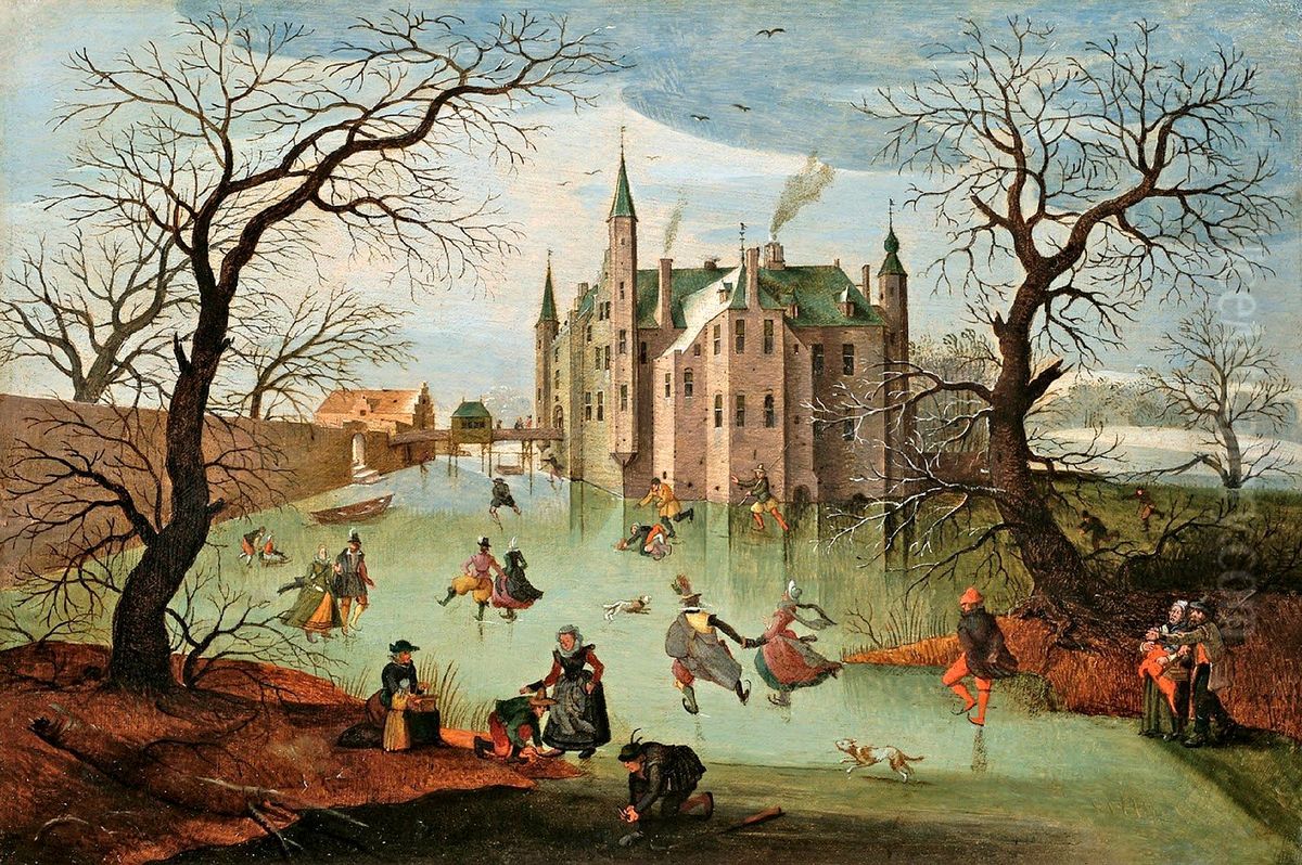 Skaters in front of Zuylen Castle in Maarssen. Oil Painting by Abel Grimmer