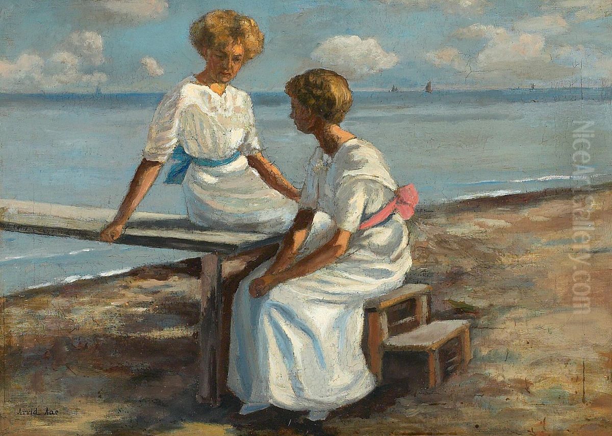 Beach scene with two women in white dresses. Oil Painting by Arvid Aae