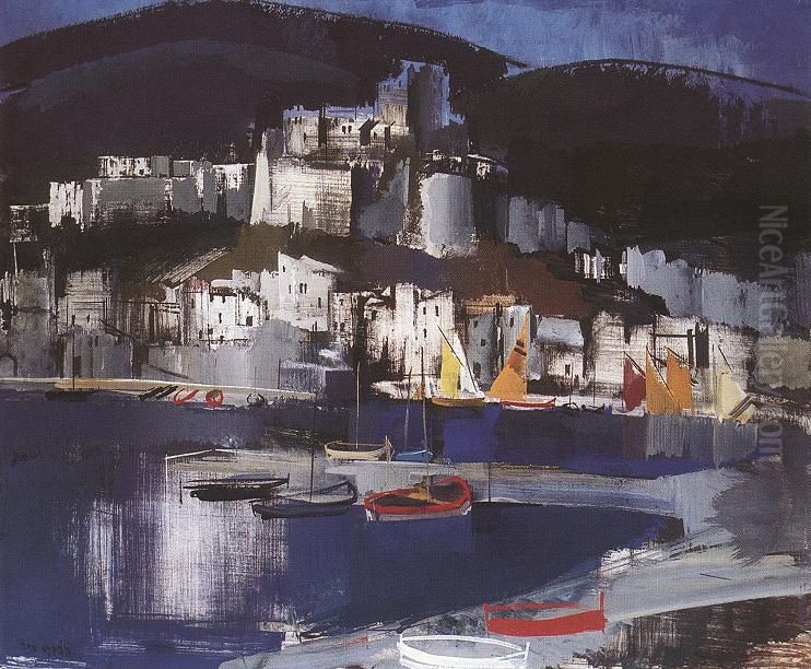 Italian Coastal Village Oil Painting by Vilmos Aba-Novak