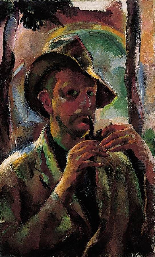 Self-portrait with Pipe Oil Painting by Vilmos Aba-Novak