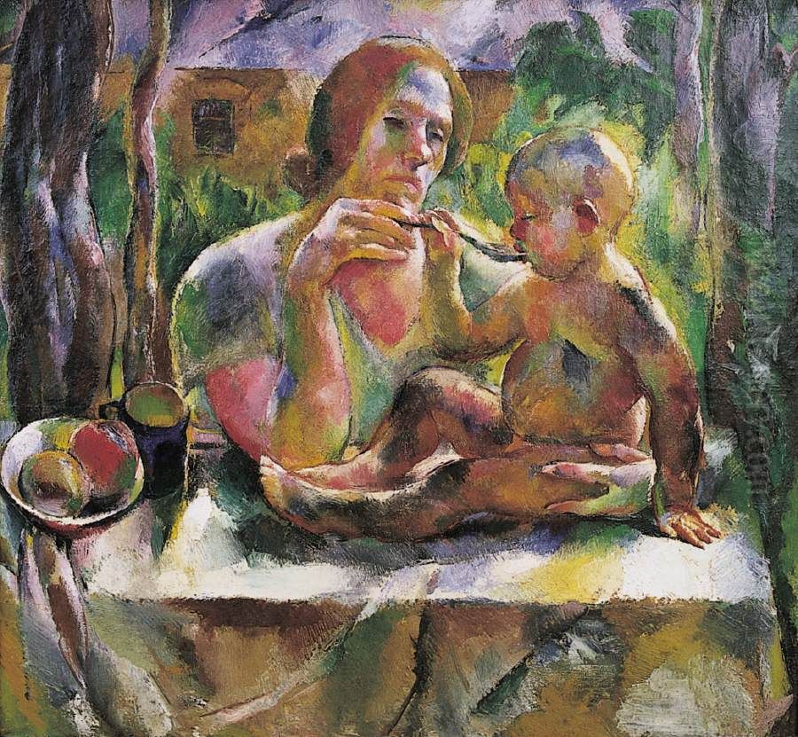 Tea in the Summer Garden (Mother's Son) Oil Painting by Vilmos Aba-Novak