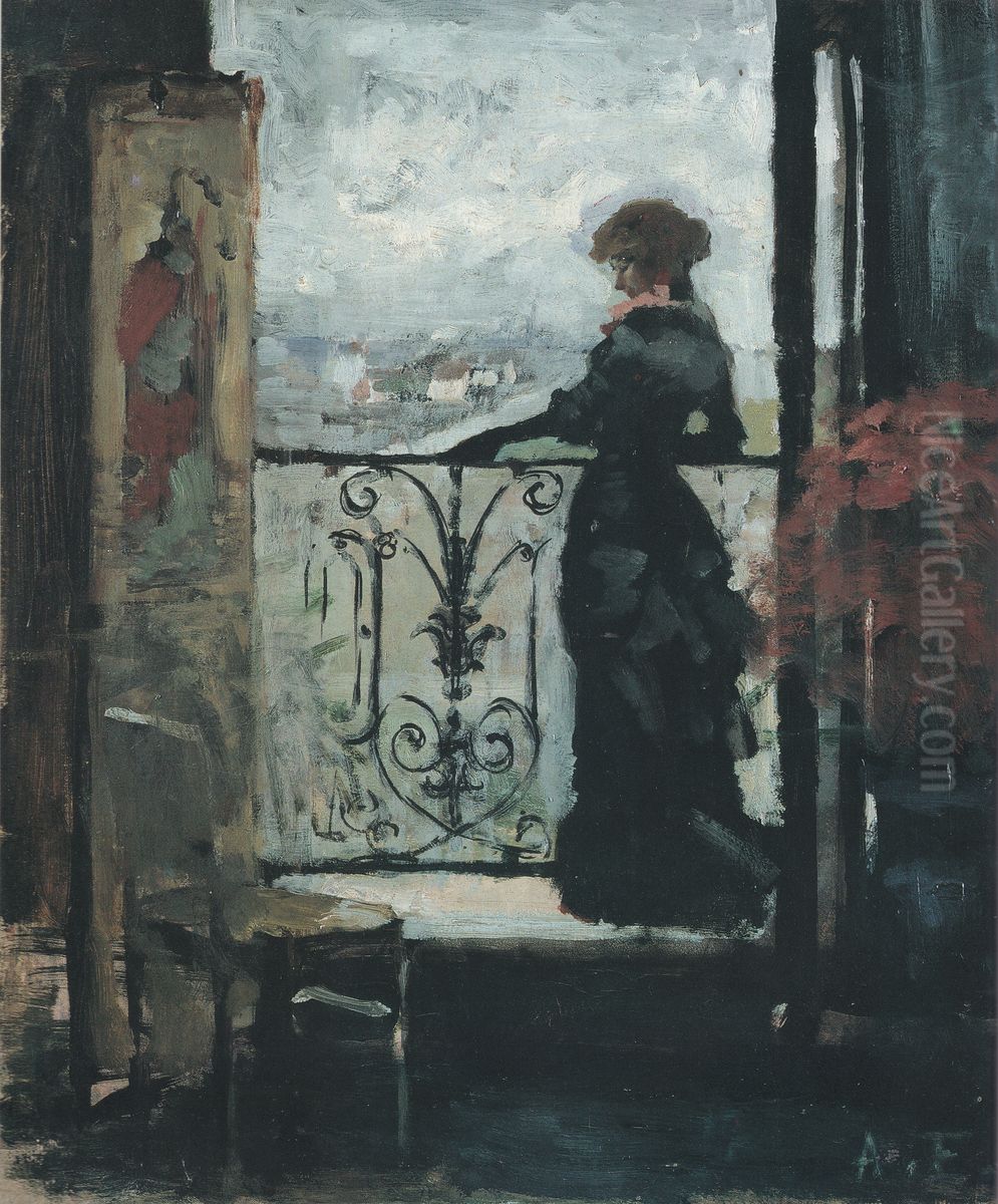 Lady standing on a balcony, sketch Oil Painting by Albert Edelfelt