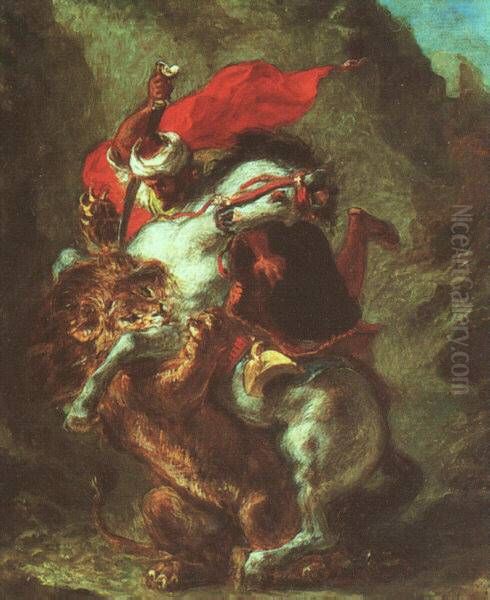 Arabic horseman attacked by Lion Oil Painting by Eugene Delacroix