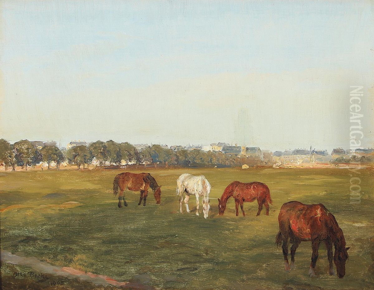 Grazing horses on a summer day with a provincial town in the background. Oil Painting by Otto Bache
