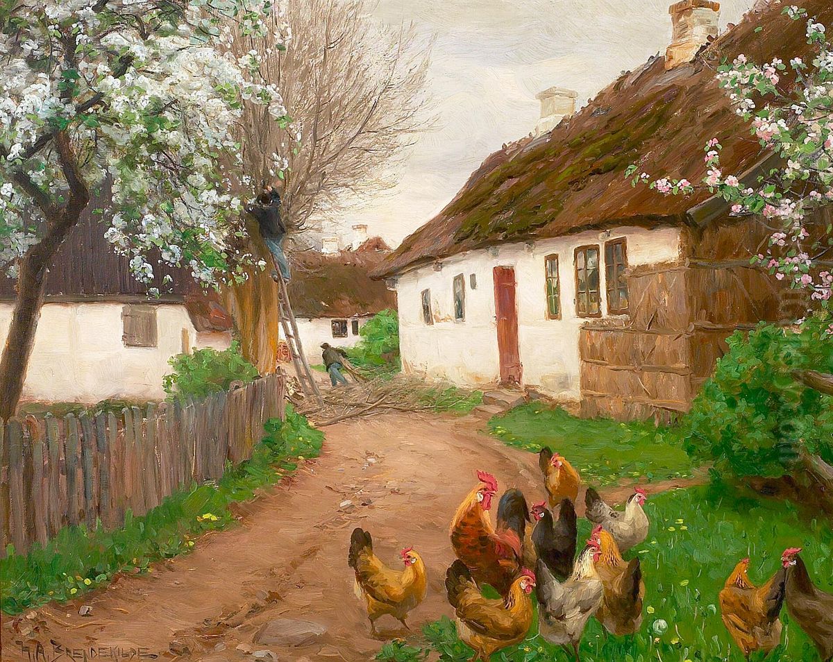 Landsbyliv en forarsdag med styning af piletraeet, blomstrende aeble- og paeretrae samt hons. Oil Painting by H. A. Brendekilde