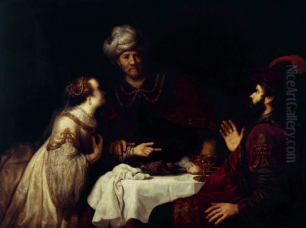 Esther and Haman before Ahasuerus Oil Painting by Jan Victors