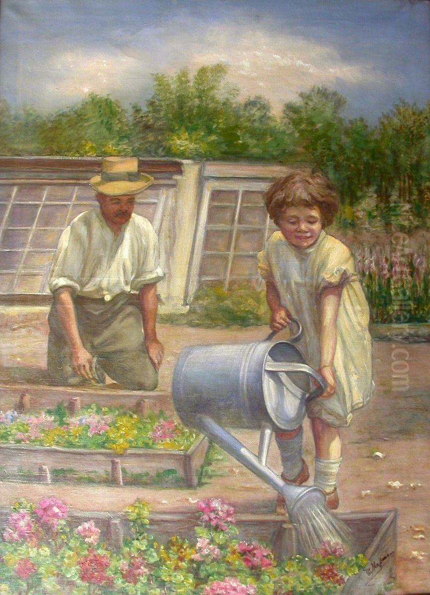Working in the Garden Oil Painting by Carl Massmann