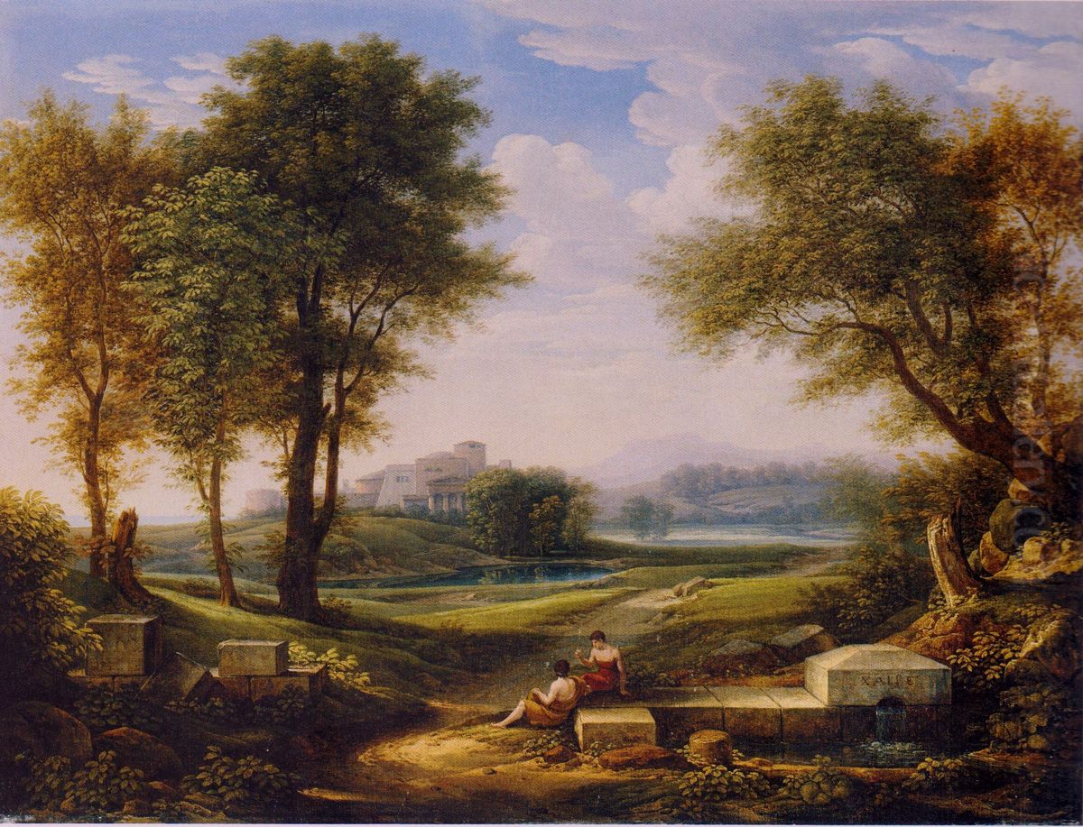 Ideallandschaft mit zwei Hirten an einer Quelle. Oil Painting by Johann Christian Reinhart