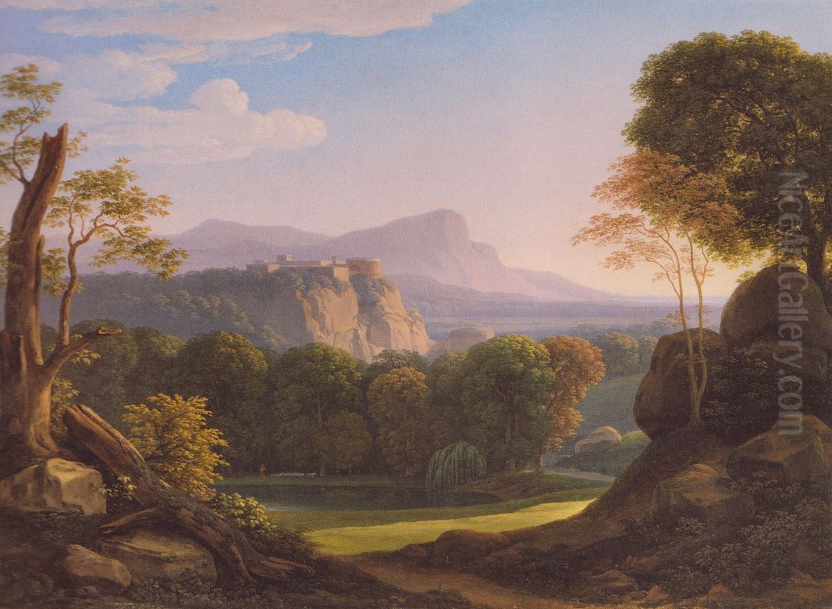 Italian landscape with castle on a ridge Oil Painting by Johann Christian Reinhart