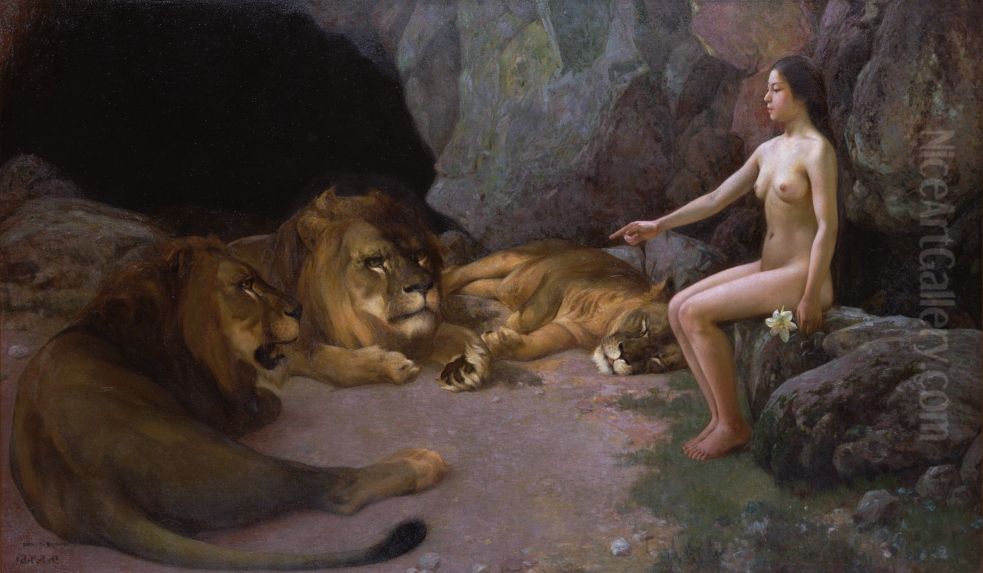 Nude Woman with Lions Oil Painting by Hiroshi Yoshida