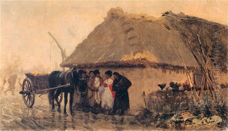 During the Rain Oil Painting by Jozef Chelmonski