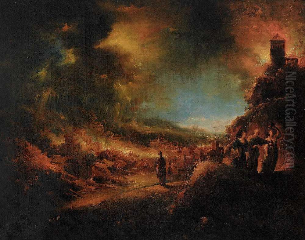 Lot flieht mit seinen Tochtern aus dem brennenden Sodom Oil Painting by Johann Georg Trautmann
