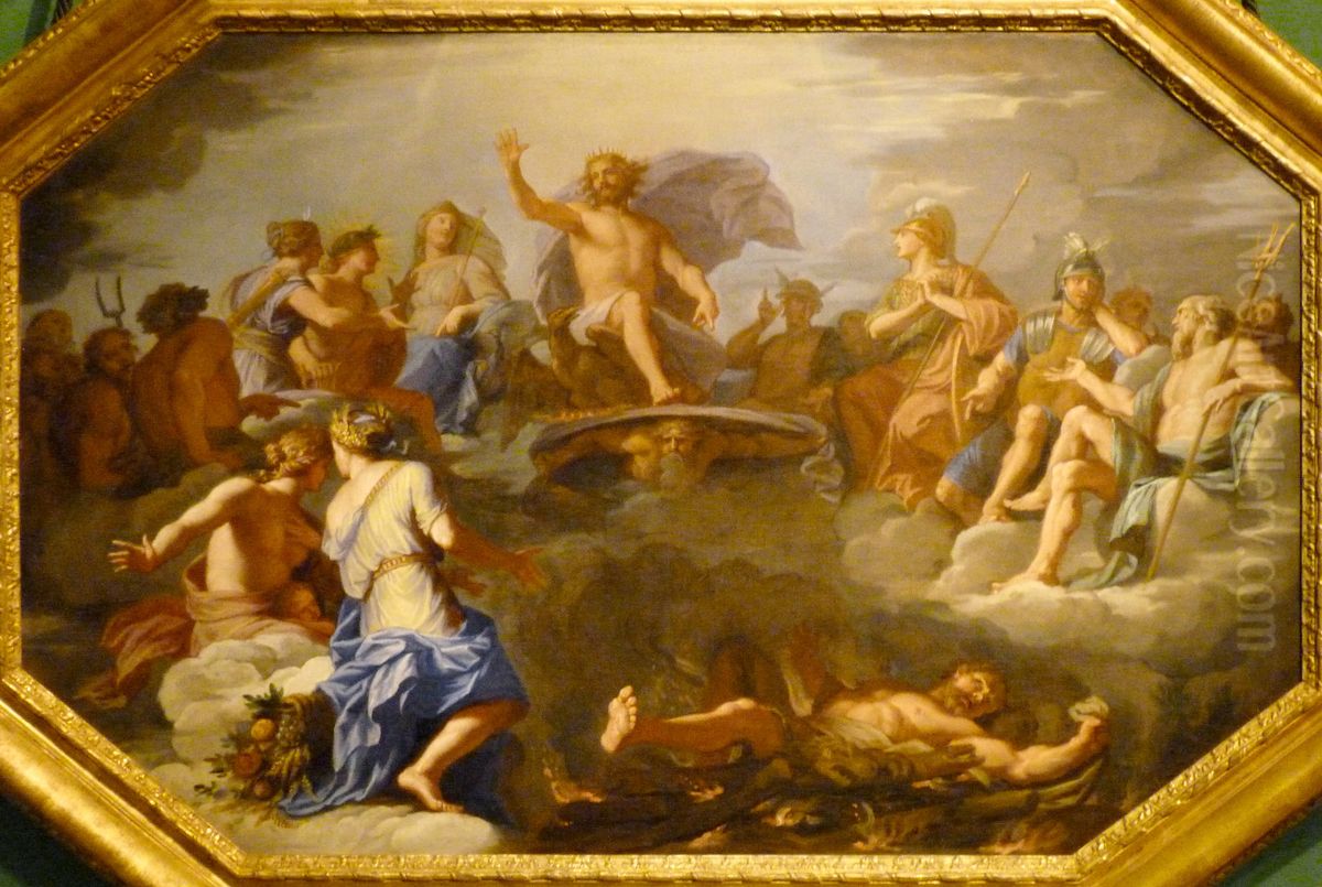 Hercule se donnant la mort sur le bucher du mont OEta en presence de Jupiter et des douze grands dieux de l'Olympe Oil Painting by Jean Baptiste de Champaigne