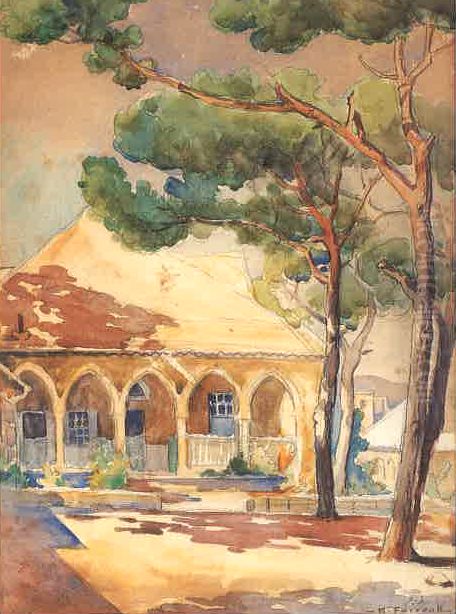 Bhamdoun Al-Mahatta: A House With A Garden. Oil Painting by Moustafa Farroukh