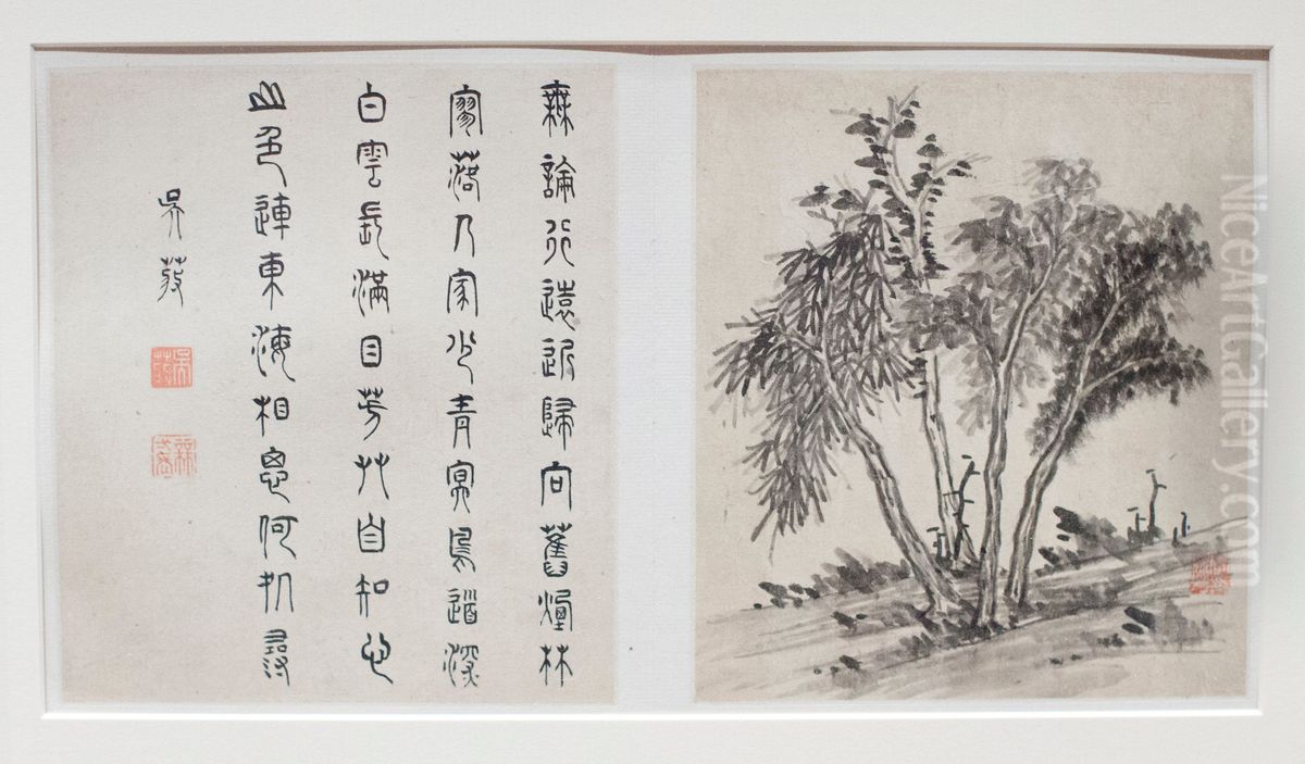 Two album leaves from a landscape album Oil Painting by Li Liufang