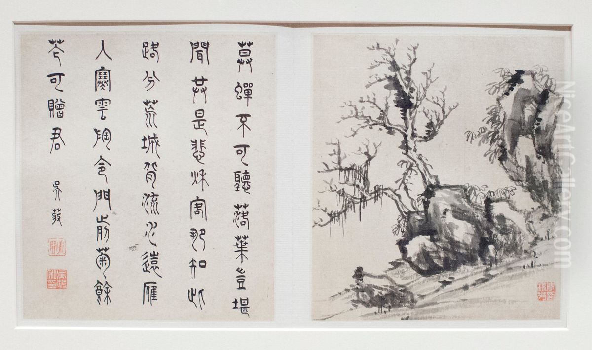 Two album leaves from a landscape album Oil Painting by Li Liufang