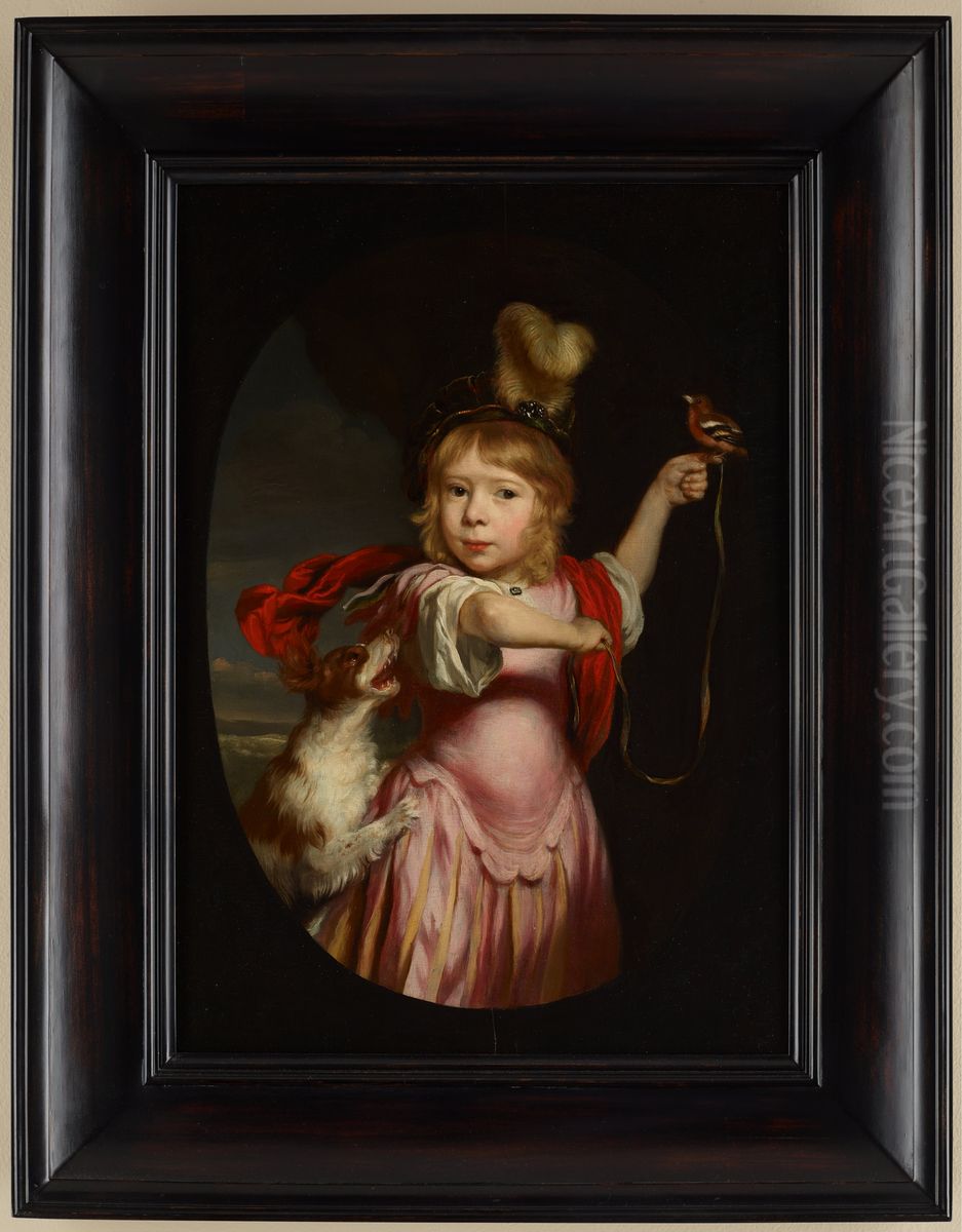 Portrait of a Boy in Classical Dress with a Bullfinch and Spaniel Oil Painting by Nicolaes Maes