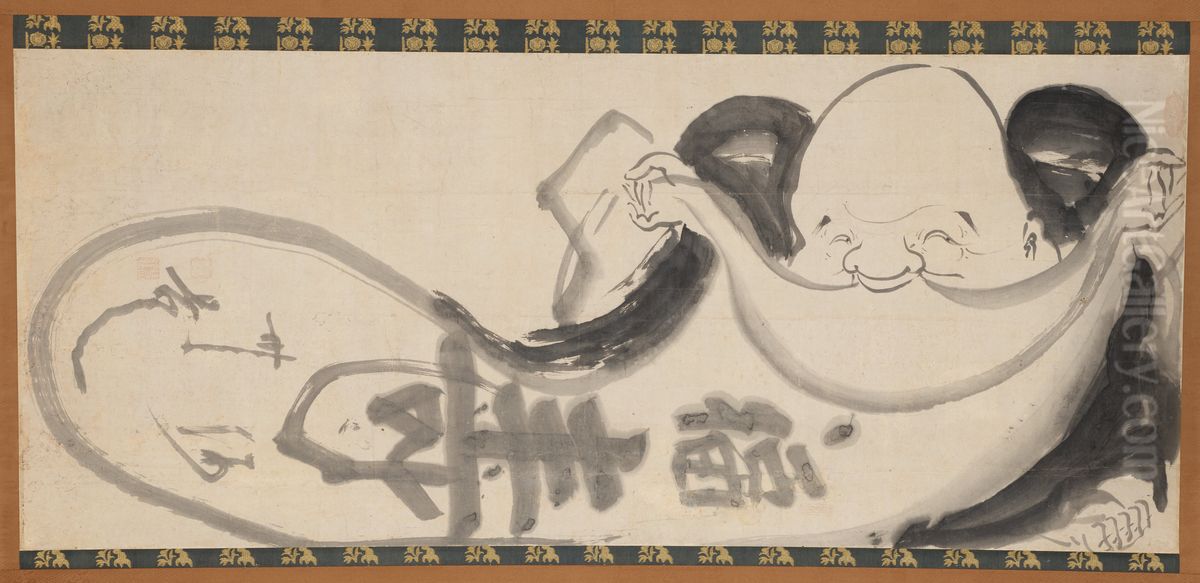 Budai Opening His Sack Oil Painting by Hakuin Ekaku
