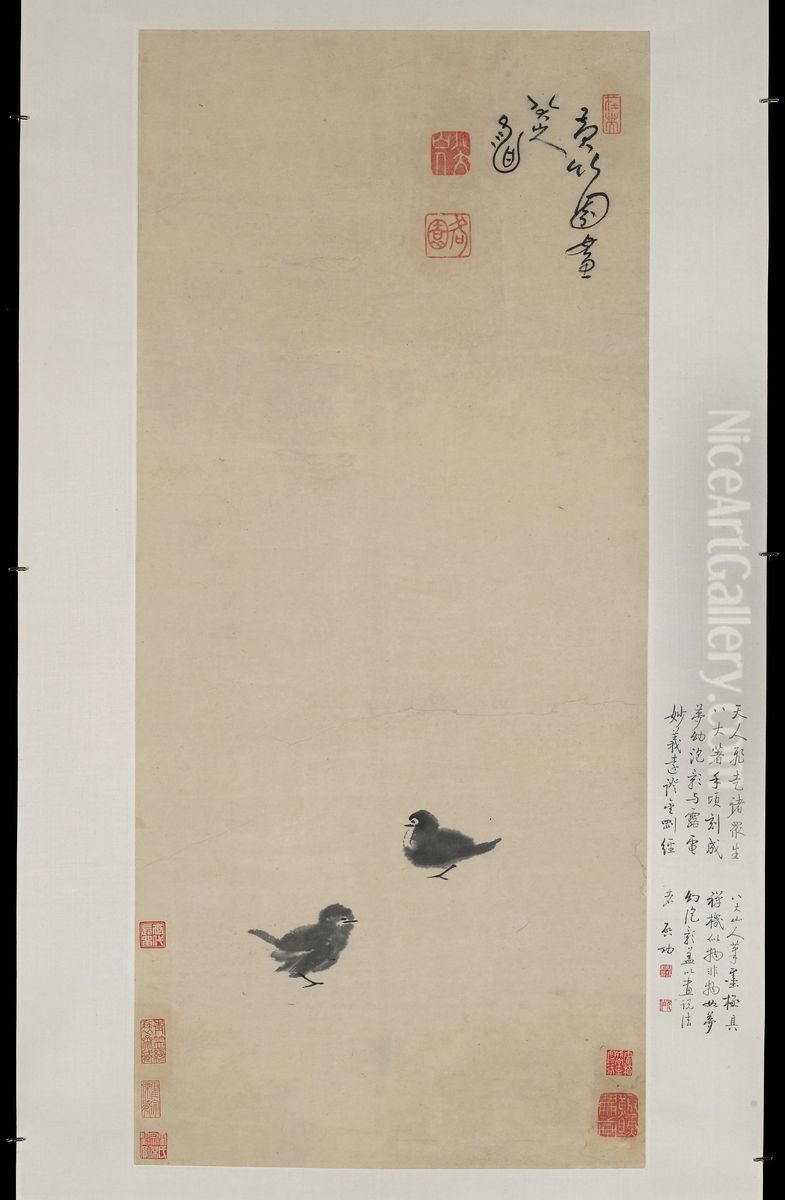 Two Chicks Oil Painting by Bada Shanren